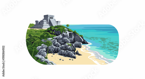 Ancient structure overlooks tropical coastline and turquoise ocean