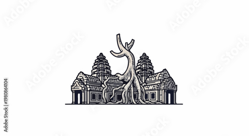 Ancient stone temple complex embraced by the roots of a massive, gnarled tree