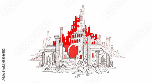 Ancient stone ruins with imposing red architectural elements in background