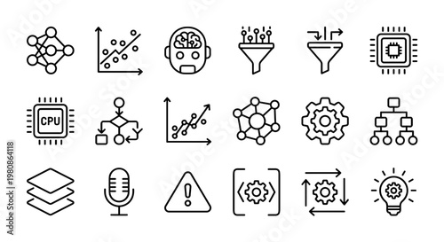 Machine learning graph icons set in clean outline style with charts neural network cpu analytics symbols isolated concept of minimal data science design