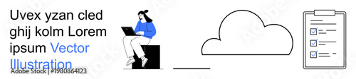 Remote work, productivity, data storage, task tracking, organization, digital tools. Woman typing on laptop, cloud icon checklist. Remote work and productivity concept