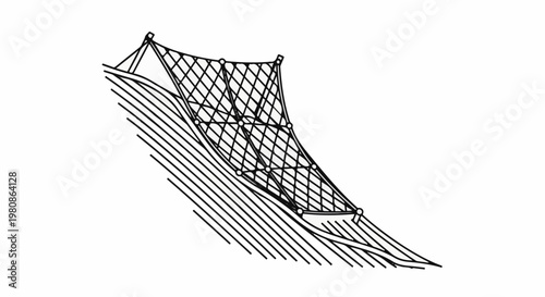 Black and white illustration of a netted barrier on a sloped surface