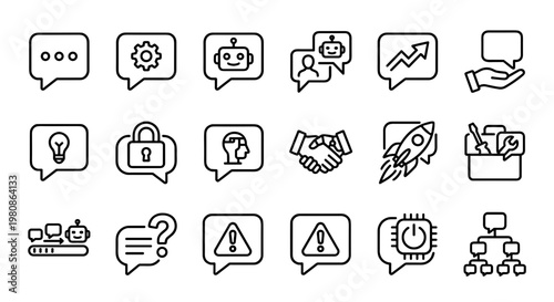 Ai prompt chat bubble icons set in clean outline style with messaging robot conversation interface symbols isolated concept of minimal chat design