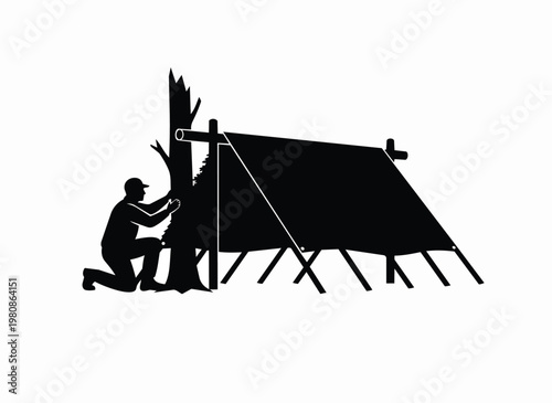 Man building tarp shelter in forest for camping and survival outdoors against tree.