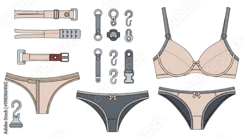 Vector CAD illustration of lingerie and accessories on a white background
