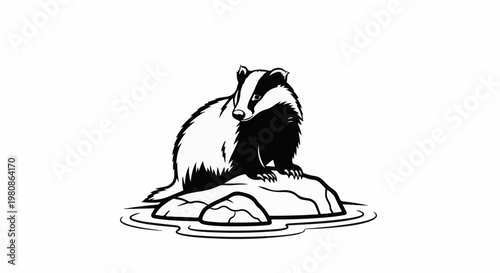 Black and white illustration of a badger sitting on rocks in water