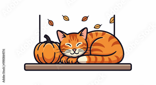 Adorable orange tabby cat peacefully sleeping beside a pumpkin with falling leaves