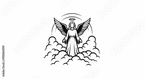 Angel with wings and halo, surrounded by stylized clouds