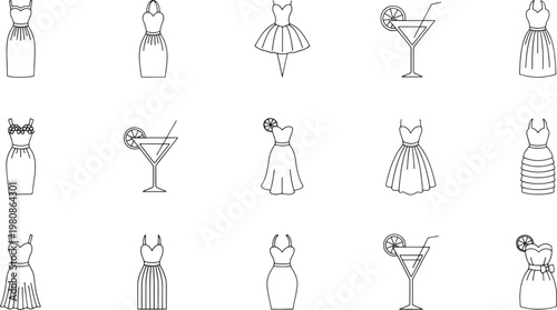 Black and white of women wearing diverse dress styles and poses fashion dresses gowns