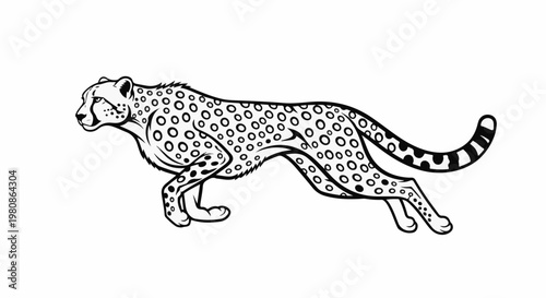 Black and white illustration of a cheetah in mid-stride, outlined with spots