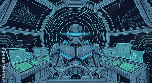 Advanced robot pilot in a futuristic cockpit, controls lit with blue light