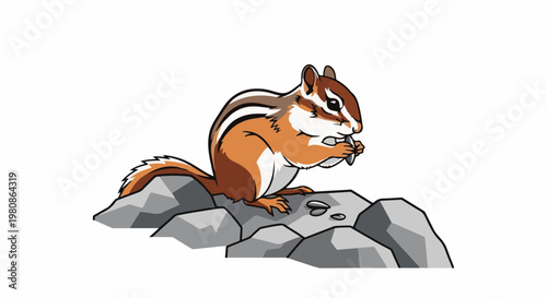 Animated chipmunk with stripes sits on rocks eating a seed