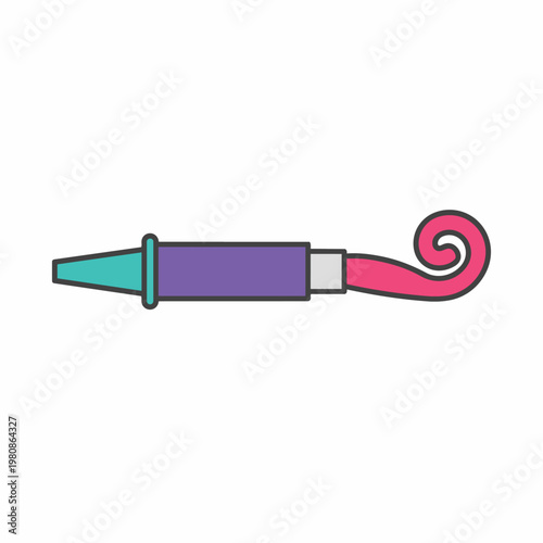 Party horn noisemaker for celebration and birthday with colorful design and curled end.
