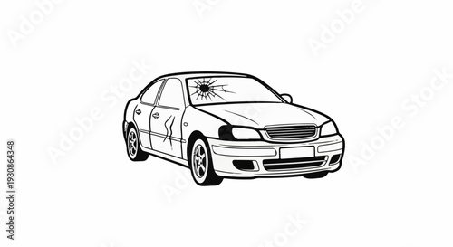 Black and white illustration of a damaged car with a shattered windshield