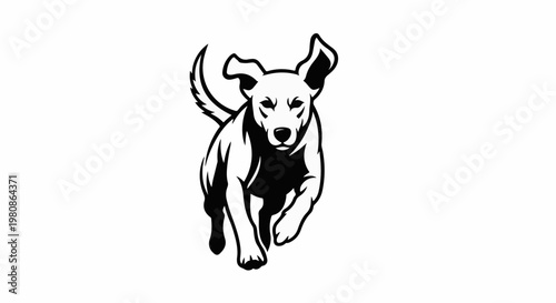 Black and white illustration of a dog running forward with ears up