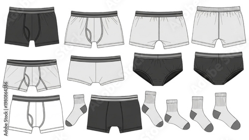Vector CAD illustration of underwear and socks on white