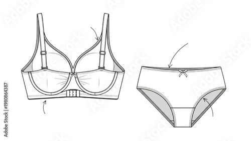 Vector CAD drawing of lingerie set includes bra and underwear