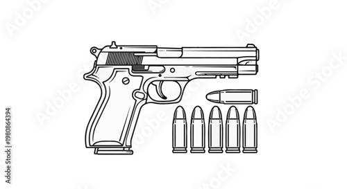 Black and white illustration of a handgun with five bullets, two side by side