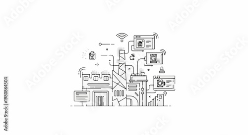 Abstract industrial scene with interconnected digital elements and sensors