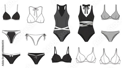 Vector CAD illustrations of various swimsuits and lingerie in black and white
