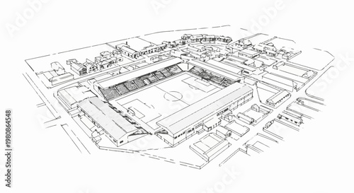 Aerial sketch of a sports stadium with surrounding buildings and a soccer field