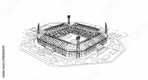 Aerial sketch of a large, modern stadium with a soccer field and floodlights