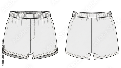 Vector CAD illustration of shorts from front and back in lifestyle context