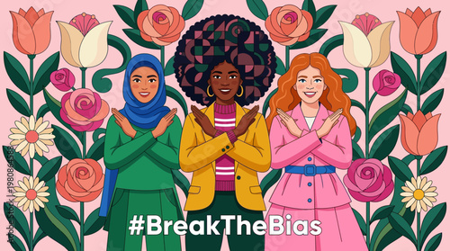 International Women's Day Illustration of Diverse Women Crossing Arms for Break the Bias Campaign