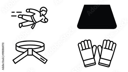Martial Arts Icon Set: A collection of simple, black and white illustrations symbolizing the essence of martial arts, each representing key elements of the practice.