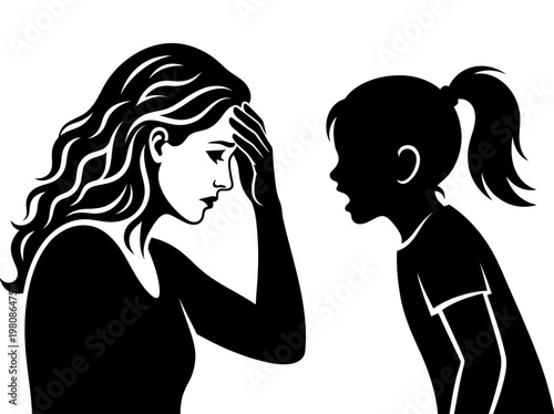 Stressed Mother and Screaming Child Silhouette Illustration - Parenting Burnout and Family Conflict Concept