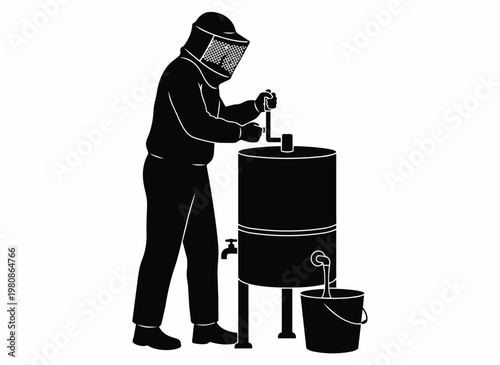 Beekeeper in protective suit tending to beehive extracting honey with machine in rustic farm setting during harvest season.