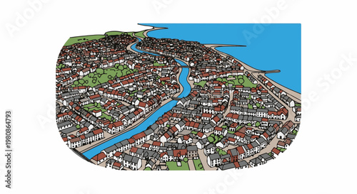 Aerial view of a coastal town with a winding river, nestled beside the sea