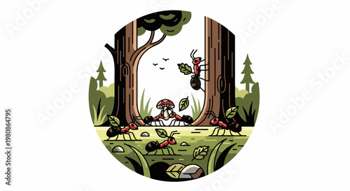 Ants carry mushroom through a forest clearing with trees and plants