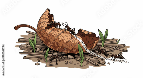 Ants work together carrying a leaf fragment over scattered sticks and pebbles