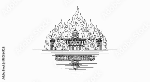 Architectural structure engulfed in flames, reflected in rippling water