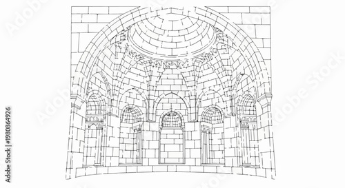 Architectural sketch of a domed stone interior with arched alcoves