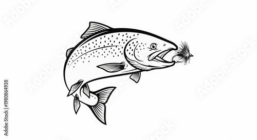 Black and white illustration of a trout jumping to catch a lure
