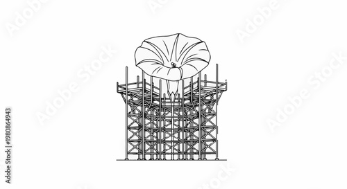 Architectural structure supporting a large trumpet-shaped flower bloom