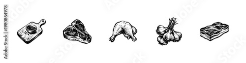 Fresh Raw Meat Cuts and Culinary Herbs with Fluid Engraving Style and Hand-Drawn Sketchy Style