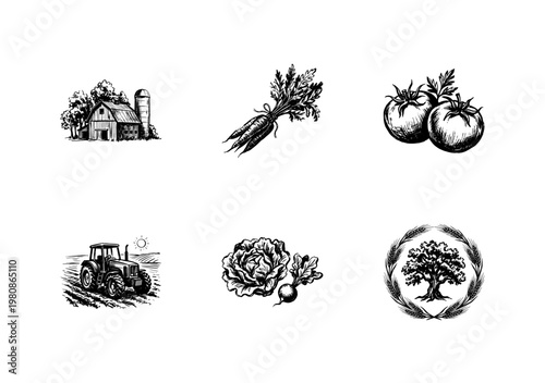 Organic Farm Products and Eco Food Labels with Hand-Drawn Engraving Style and Vintage Green Graphic Elements