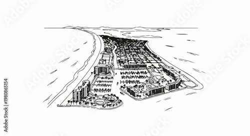 Aerial view sketch of a coastal town with buildings, marina, and beach