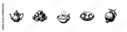 Indian Food Elements and Traditional Culinary Objects with Fluid Engraving Style in Hand-Drawn Sketchy Style