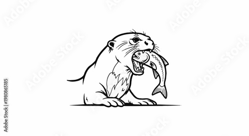 Black and white illustration of an otter holding a fish in its mouth
