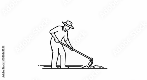 Agricultural worker with a hat uses a hoe to till the soil