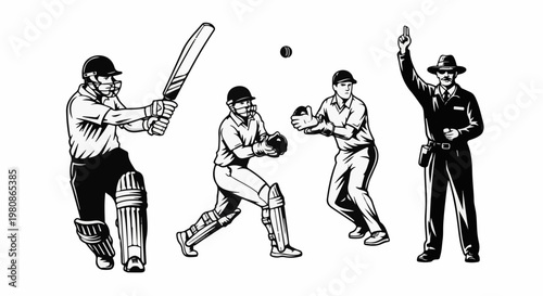 Black and white illustration of cricket players and an umpire in action
