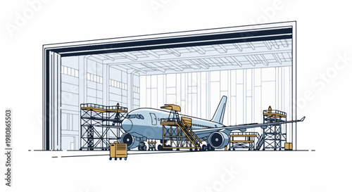 Airplane undergoing maintenance inside a large hangar with scaffolding and workers