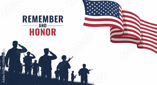 Saluting soldiers silhouette with american flag memorial day graphic