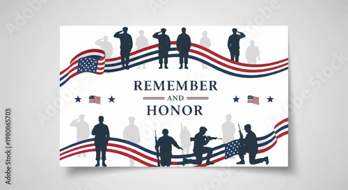 Memorial Day card design with saluting soldiers and American flag ribbons
