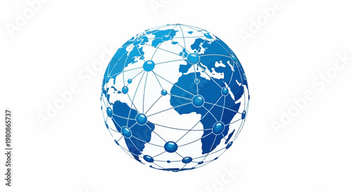 Abstract globe with blue connections and nodes, representing global network