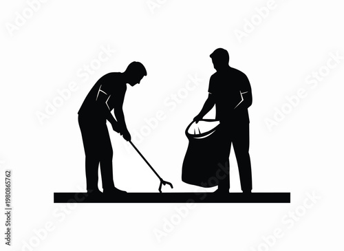 Two men picking up trash with grabber tool and bag for environmental cleanup and recycling concept of teamwork and sustainability.